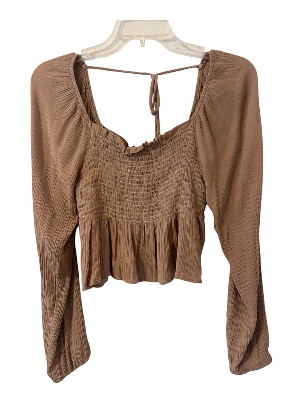Miou Muse Smocked Peplum Long Sleeved Brown Blouse with Tie-Back